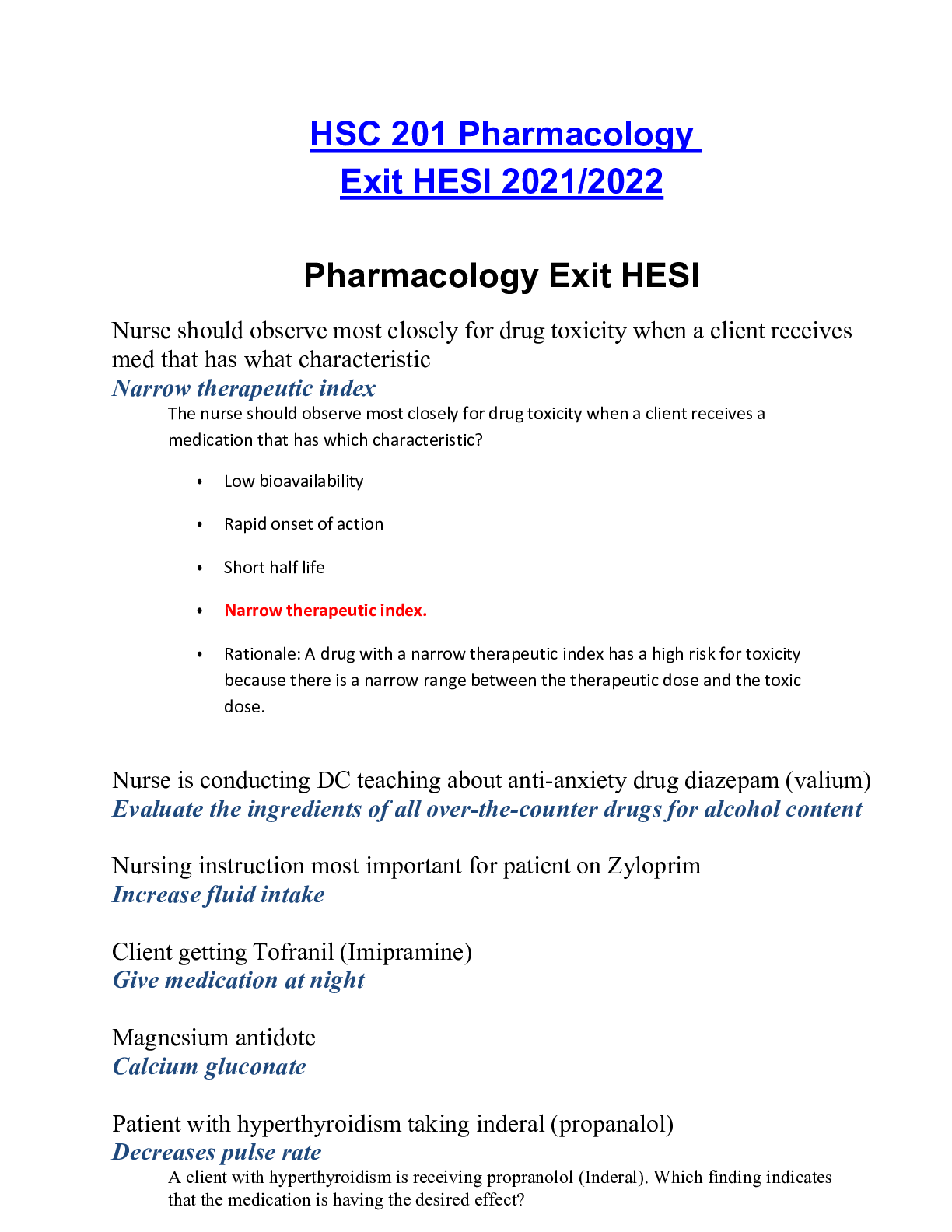 Preview of HSC 201 Pharmacology  Exit HESI 2021/2022